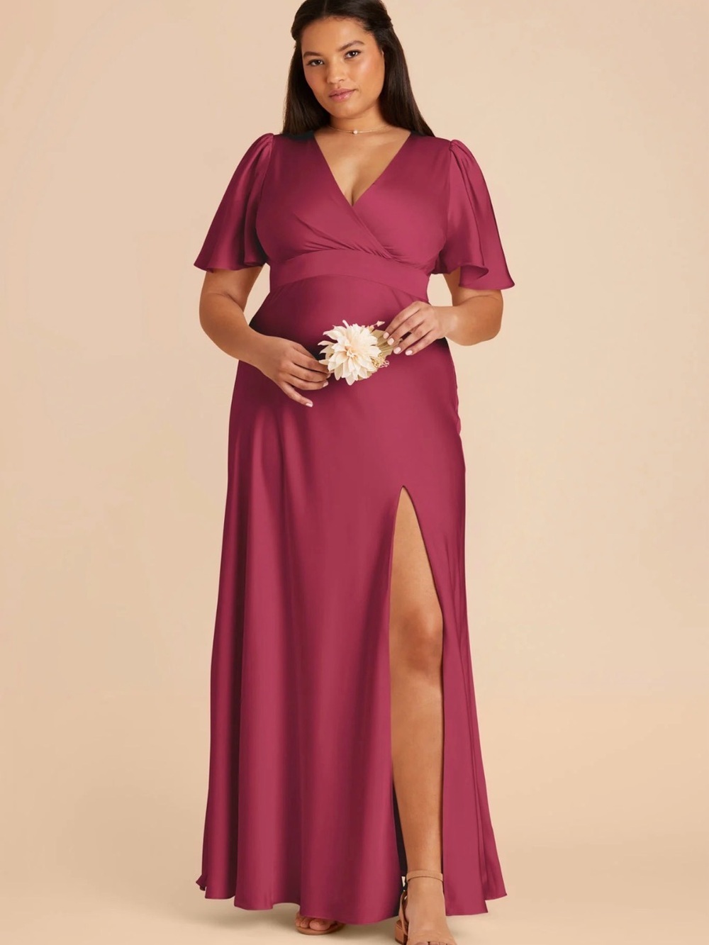 Birdy Grey Marni Dress Burgundy V-Neck Short Sleeve Floor Length Dress Slit